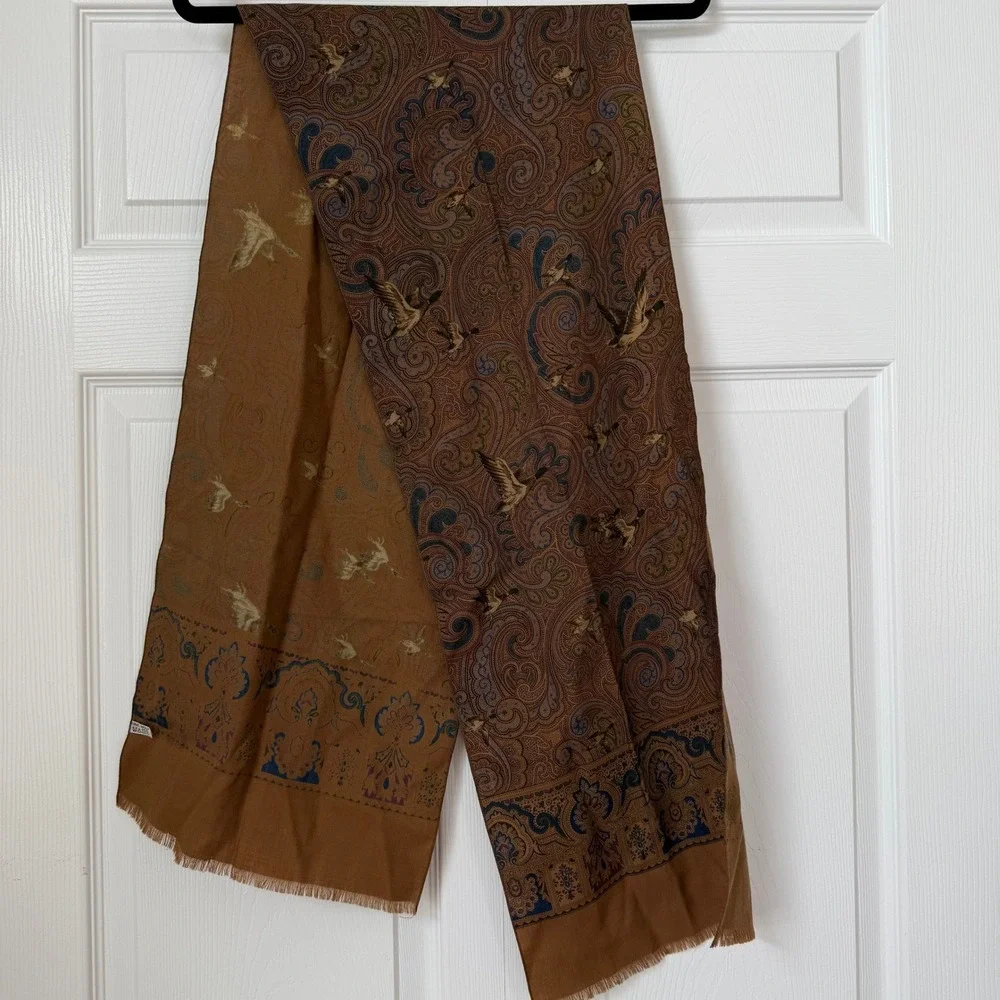 Vintage Reine Wolle Fine Wool Scarf Paisley Mallard Duck Print‎ Brown Copper 61